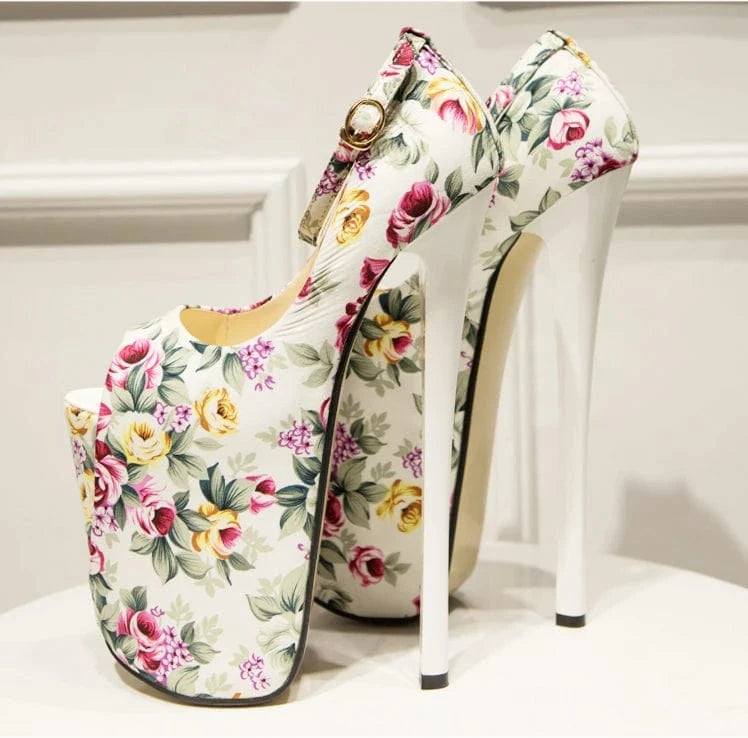 Trendy Flower 22 CM Heels Ankle Strap Platform Shoes Women Heels Sexy Peep-toe Sandals Stiletto Pumps