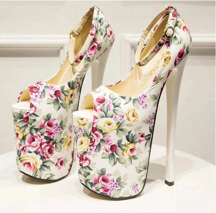 Trendy Flower 22 CM Heels Ankle Strap Platform Shoes Women Heels Sexy Peep-toe Sandals Stiletto Pumps