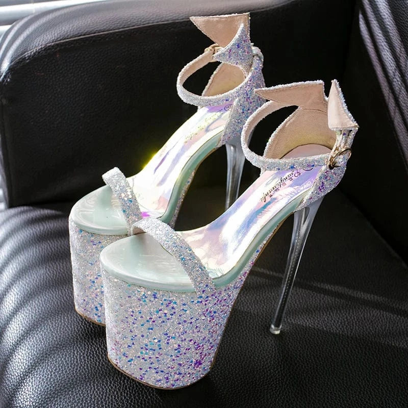 Trendy Glitter PU Branded Women Shoes Summer 19 CM Heels for Ladies Ankle Strap Platform Heeled Sandals