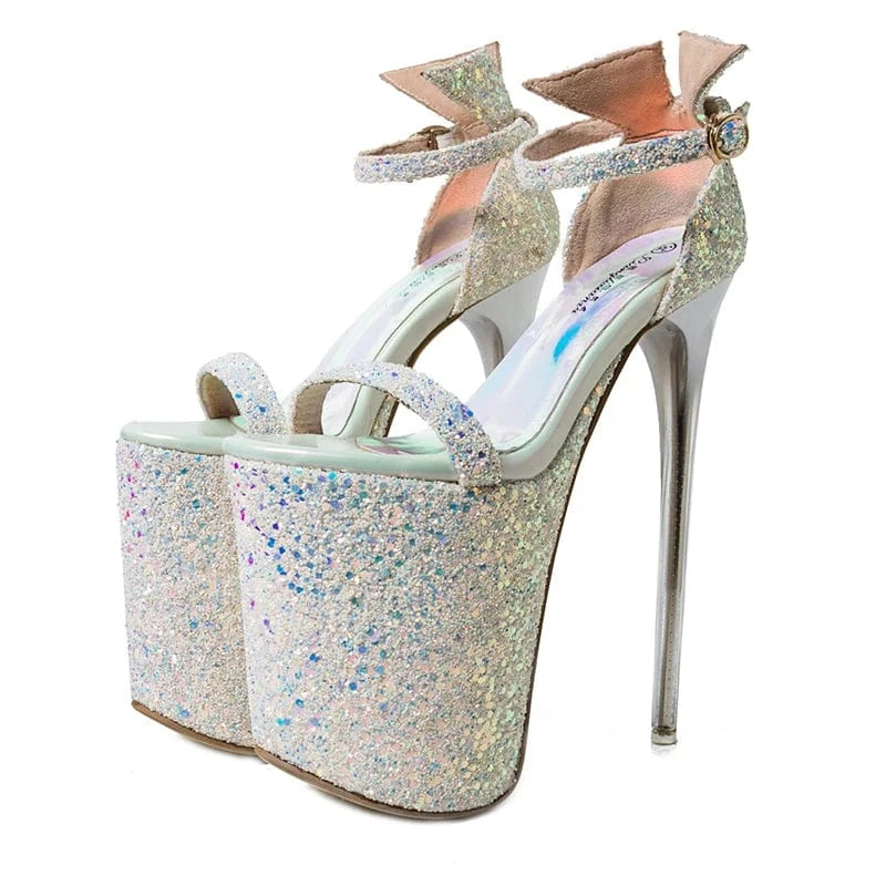 Trendy Glitter PU Branded Women Shoes Summer 19 CM Heels for Ladies Ankle Strap Platform Heeled Sandals