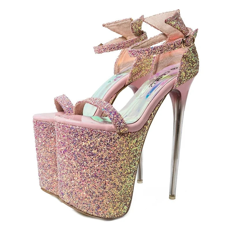 Trendy Glitter PU Branded Women Shoes Summer 19 CM Heels for Ladies Ankle Strap Platform Heeled Sandals