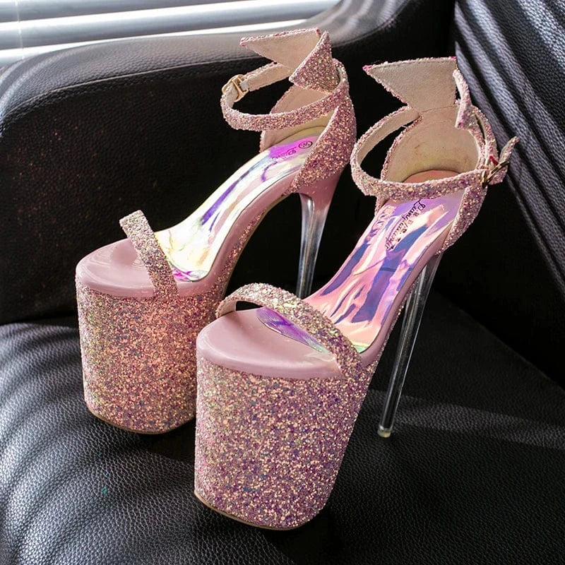 Trendy Glitter PU Branded Women Shoes Summer 19 CM Heels for Ladies Ankle Strap Platform Heeled Sandals