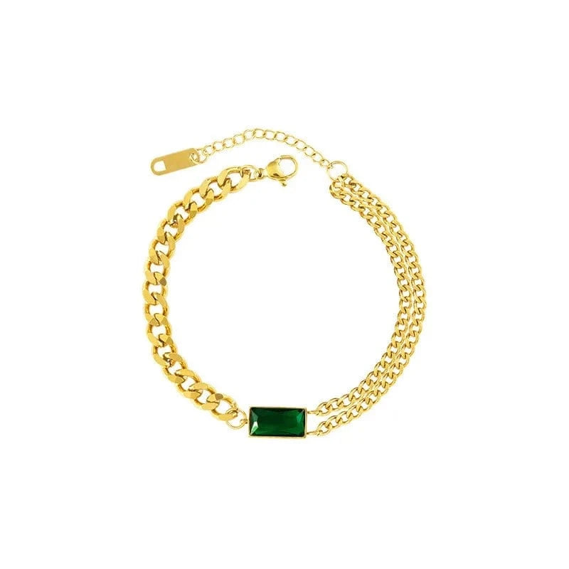 Trendy / Gold Fashionable Square Emerald Green Bracelet Personality Double Layer Bracelets Titanium Steel Gold Chain 18k For Women