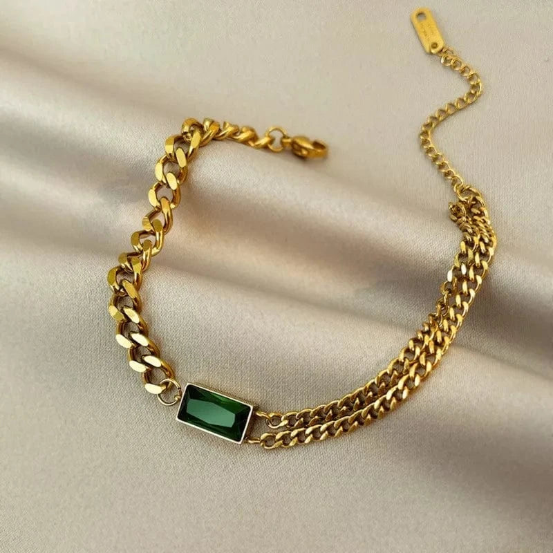 Trendy / Gold Fashionable Square Emerald Green Bracelet Personality Double Layer Bracelets Titanium Steel Gold Chain 18k For Women