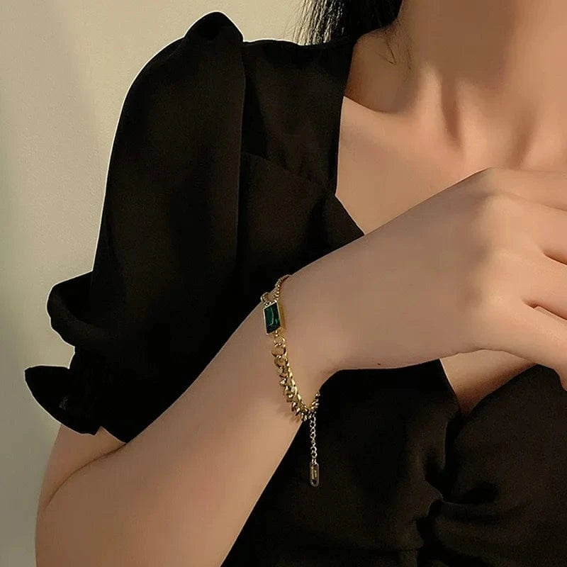 Trendy / Gold Fashionable Square Emerald Green Bracelet Personality Double Layer Bracelets Titanium Steel Gold Chain 18k For Women