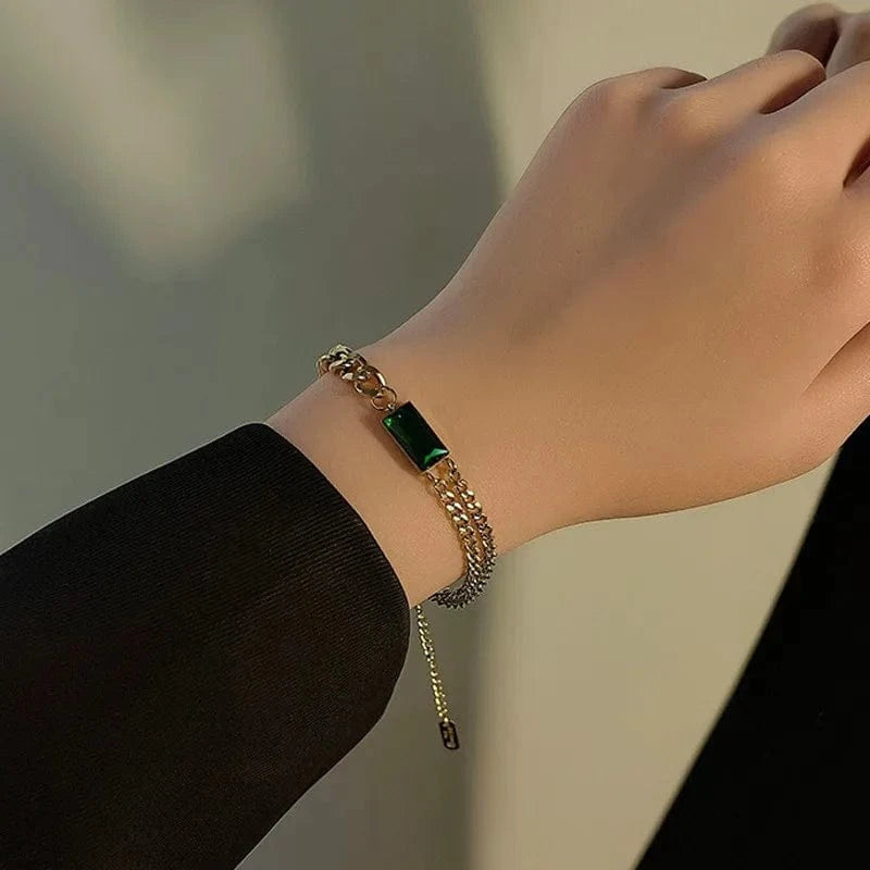 Trendy / Gold Fashionable Square Emerald Green Bracelet Personality Double Layer Bracelets Titanium Steel Gold Chain 18k For Women