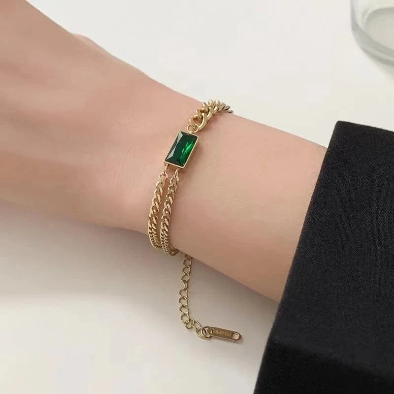 Trendy / Gold Fashionable Square Emerald Green Bracelet Personality Double Layer Bracelets Titanium Steel Gold Chain 18k For Women