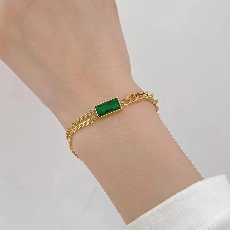 Trendy / Gold Fashionable Square Emerald Green Bracelet Personality Double Layer Bracelets Titanium Steel Gold Chain 18k For Women