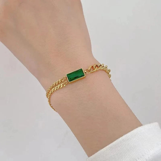 Trendy / Gold Fashionable Square Emerald Green Bracelet Personality Double Layer Bracelets Titanium Steel Gold Chain 18k For Women