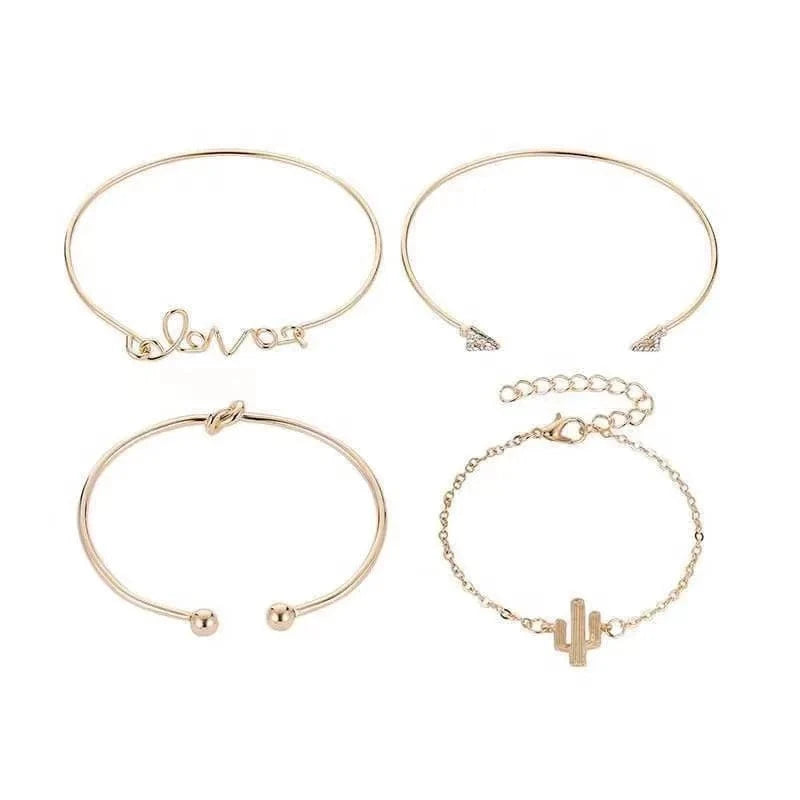 Trendy / Gold Latest Fashion In 2024 Diamond Bracelet Versatile And Vintage Letter Charms For Bracelets 4-Piece Set Women's Open Bracelet
