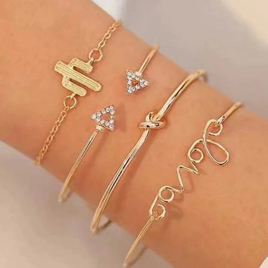 Trendy / Gold Latest Fashion In 2024 Diamond Bracelet Versatile And Vintage Letter Charms For Bracelets 4-Piece Set Women's Open Bracelet