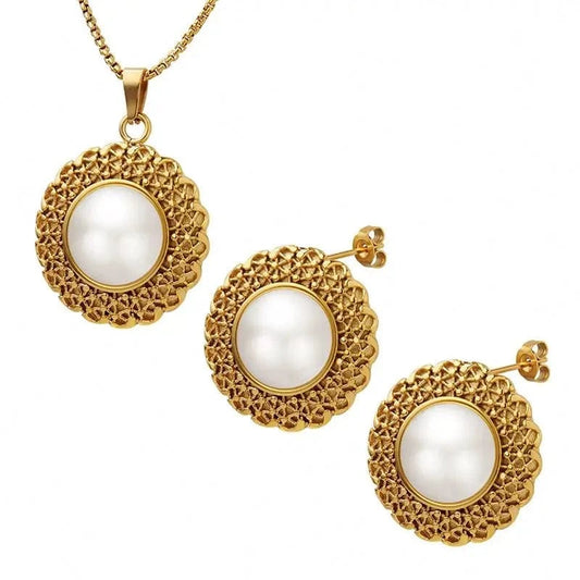 Trendy / Gold Maronew Baroque Pearl Earrings Stainless Steel Necklace Set Straw Hat Flowers Statement Fashion Jewelry 18K Gold Plated