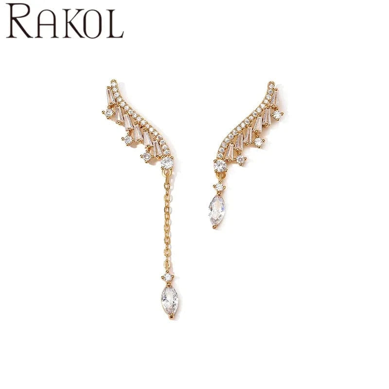 trendy / Gold RAKOL EP5422 top selling elegant asymmetric wing type shining diamond silver 18k gold plated long dangle earrings