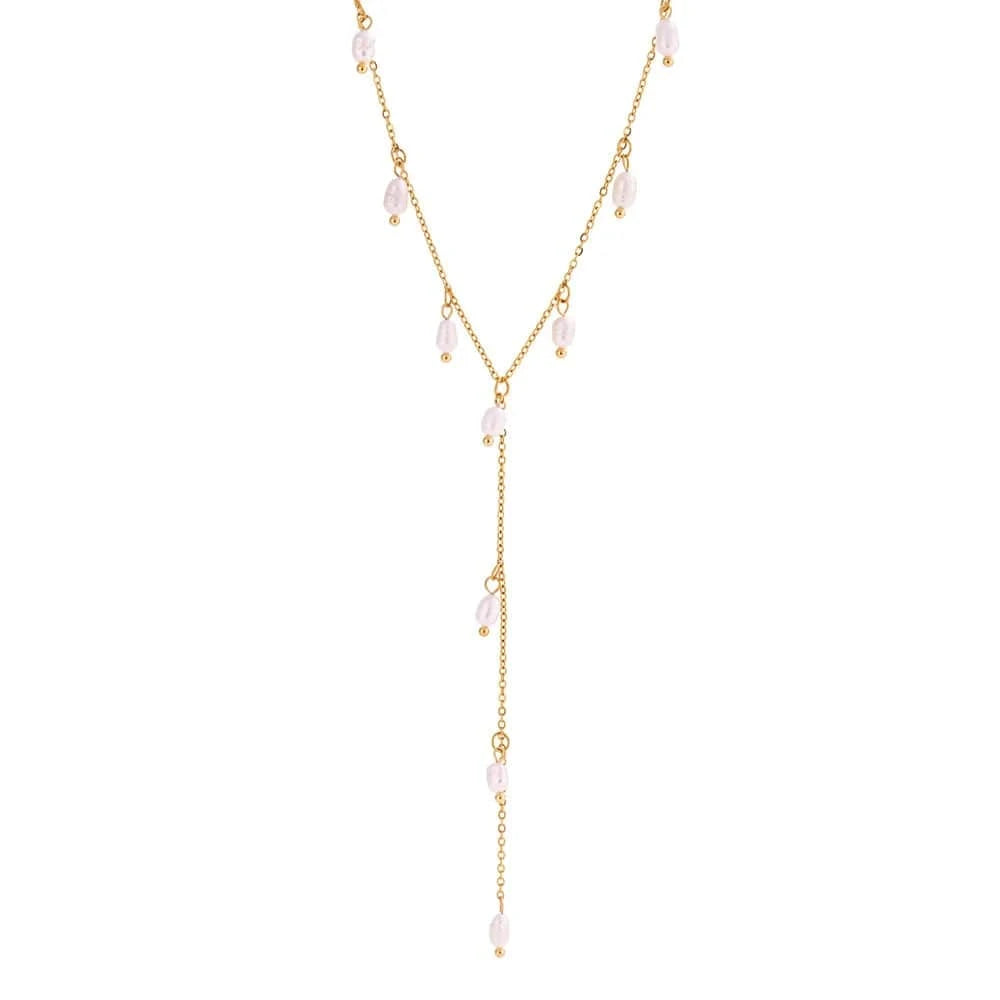 Trendy / Gold Tarnish Free Freshwater Pearl Tassel Y-shaped Clavicle Necklaces Luxury Stainless Steel Jewelry