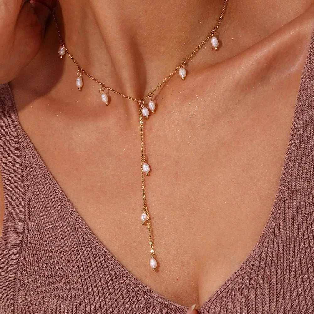 Trendy / Gold Tarnish Free Freshwater Pearl Tassel Y-shaped Clavicle Necklaces Luxury Stainless Steel Jewelry
