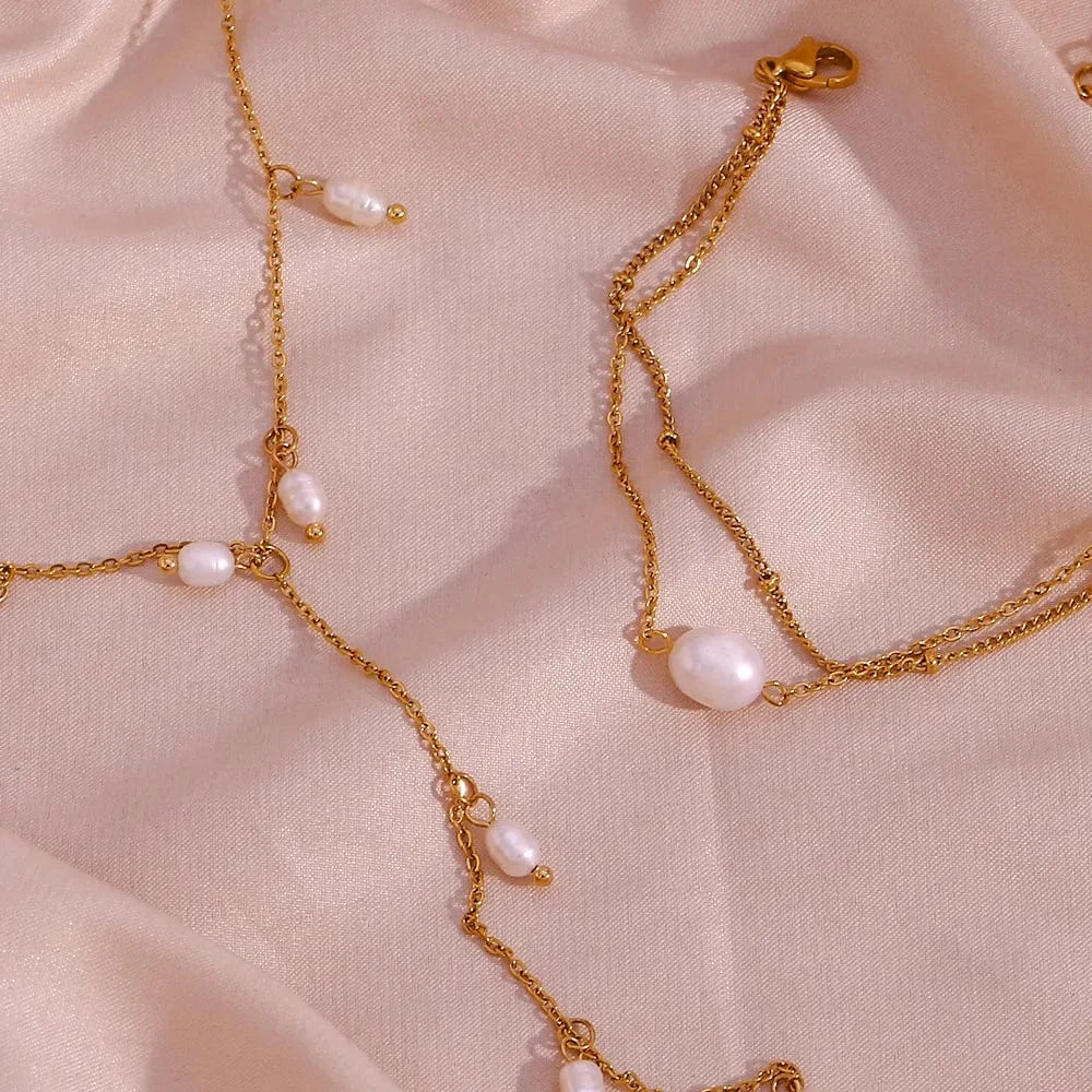 Trendy / Gold Tarnish Free Freshwater Pearl Tassel Y-shaped Clavicle Necklaces Luxury Stainless Steel Jewelry