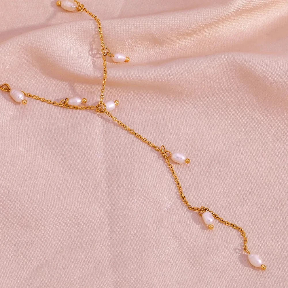 Trendy / Gold Tarnish Free Freshwater Pearl Tassel Y-shaped Clavicle Necklaces Luxury Stainless Steel Jewelry