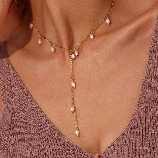 Trendy / Gold Tarnish Free Freshwater Pearl Tassel Y-shaped Clavicle Necklaces Luxury Stainless Steel Jewelry