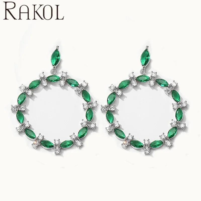 trendy / Green RAKOL EP5410 Latest Round Shaped Zirconia Earrings Real Gold Plated High Quality Silver Earrings For Women