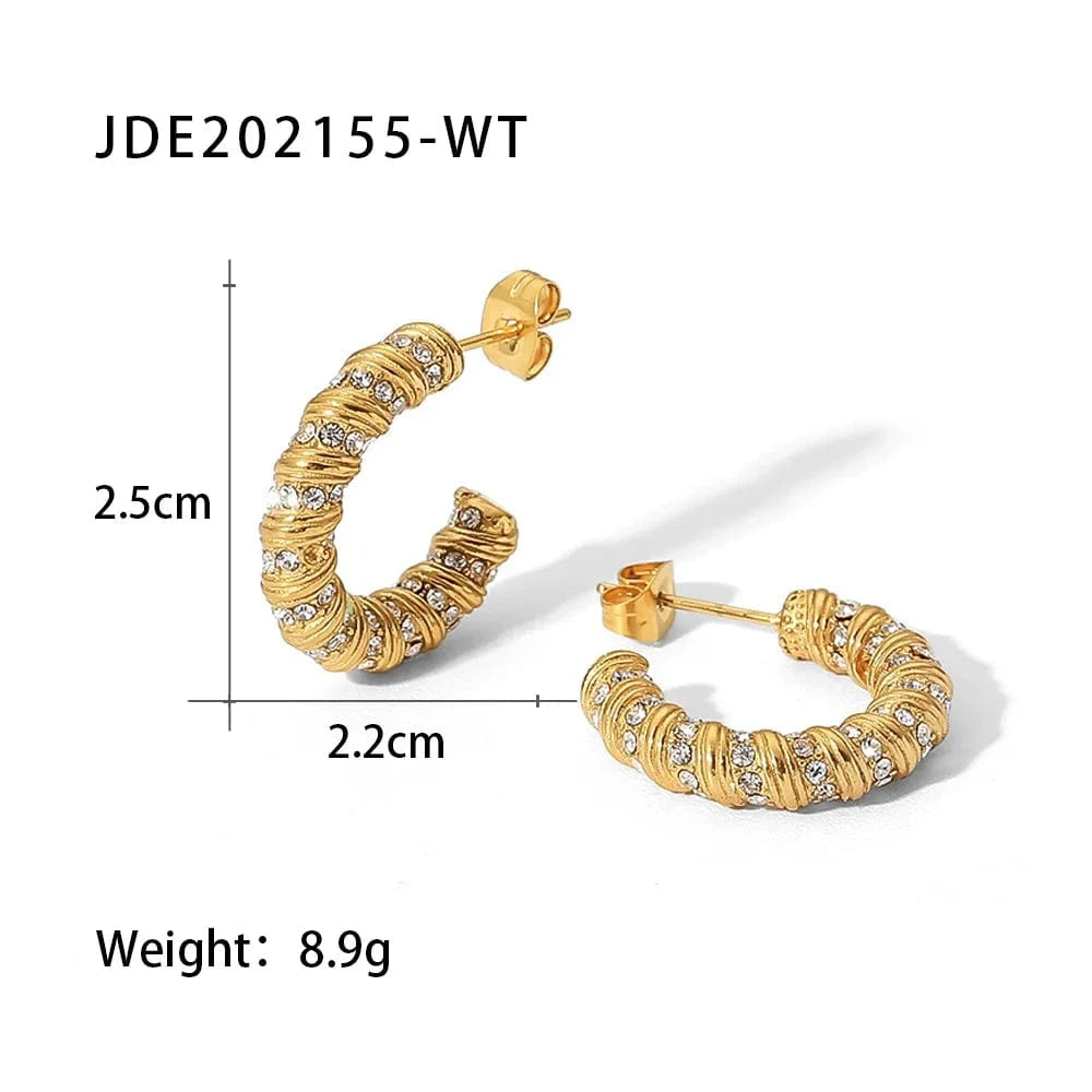 TRENDY / JDE202155-WT Sparkle Micro Cubic Zircon Chunky Shiny 18k PVD Gold Plated Stainless Steel Hoop Earrings Huggie Jewelry