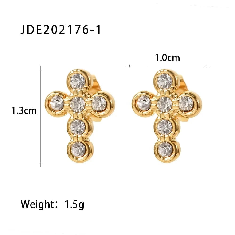 TRENDY / JDE202176-1 18K Gold Plated Cross Shape Zircon Insert Stainless Steel Stud Earrings Waterproof Jewelry