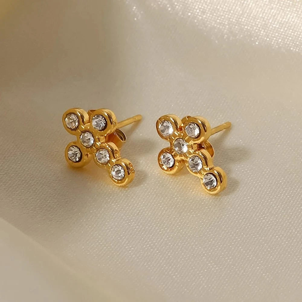 TRENDY / JDE202176-1 18K Gold Plated Cross Shape Zircon Insert Stainless Steel Stud Earrings Waterproof Jewelry
