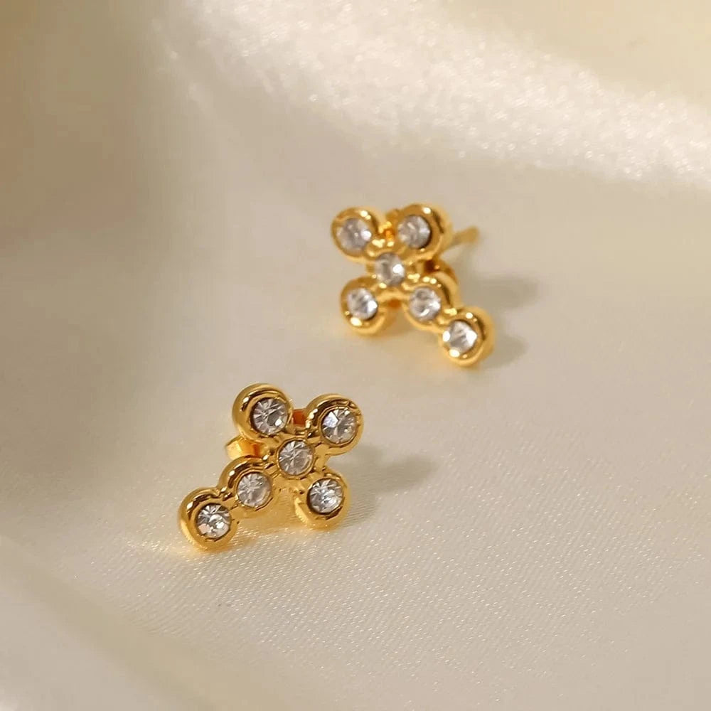TRENDY / JDE202176-1 18K Gold Plated Cross Shape Zircon Insert Stainless Steel Stud Earrings Waterproof Jewelry