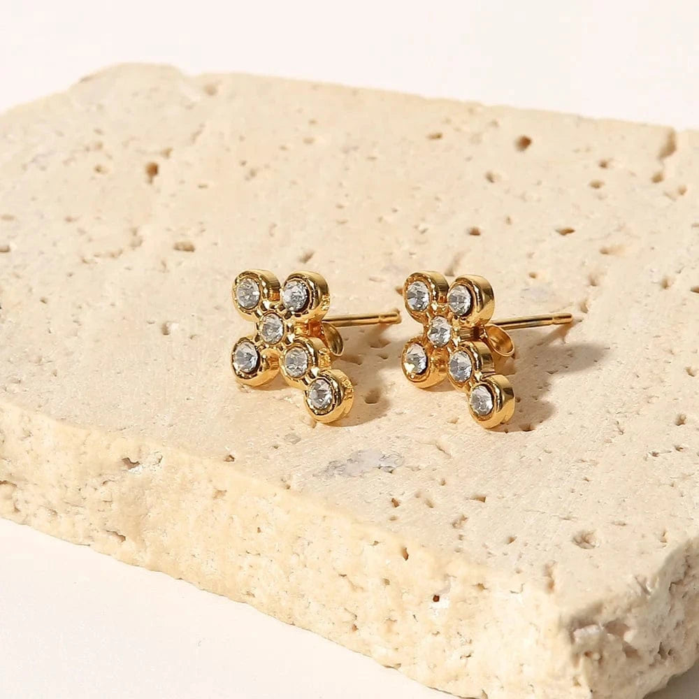 TRENDY / JDE202176-1 18K Gold Plated Cross Shape Zircon Insert Stainless Steel Stud Earrings Waterproof Jewelry