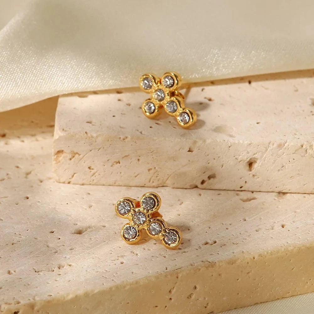 TRENDY / JDE202176-1 18K Gold Plated Cross Shape Zircon Insert Stainless Steel Stud Earrings Waterproof Jewelry