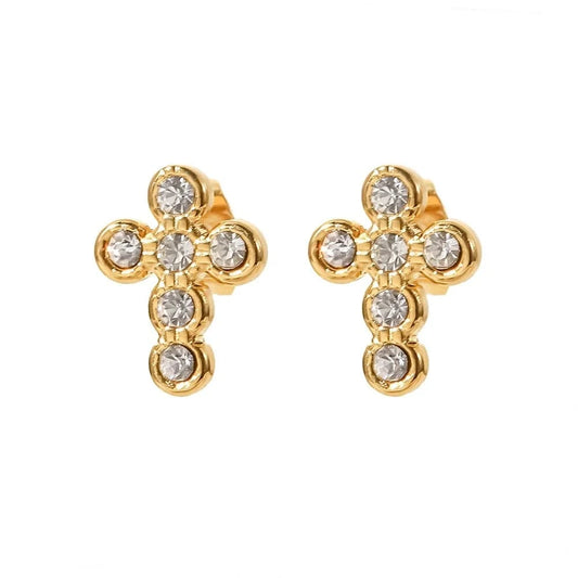 TRENDY / JDE202176-1 18K Gold Plated Cross Shape Zircon Insert Stainless Steel Stud Earrings Waterproof Jewelry