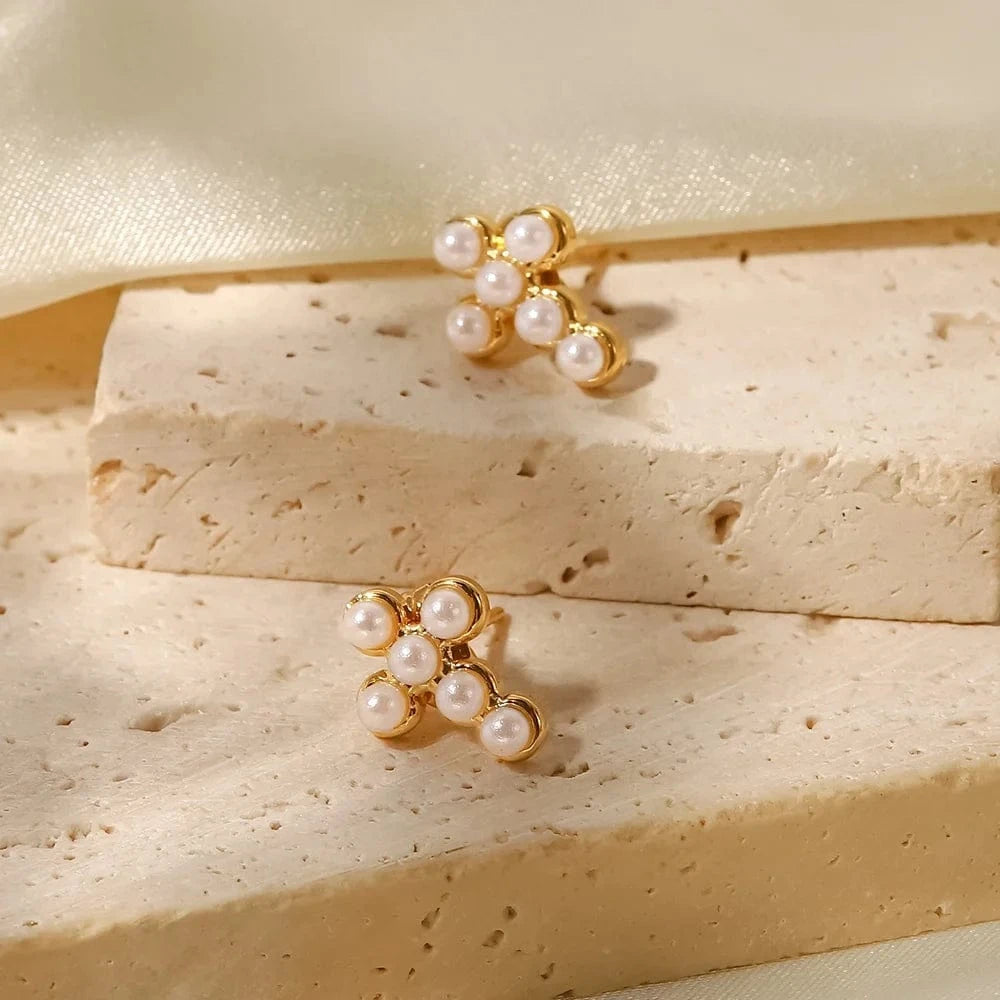 TRENDY / JDE202176-2 gorgeous 18K Gold Plated Pearl Insert Cross Shape Stainless Steel Stud Earrings For Ladies Wearing