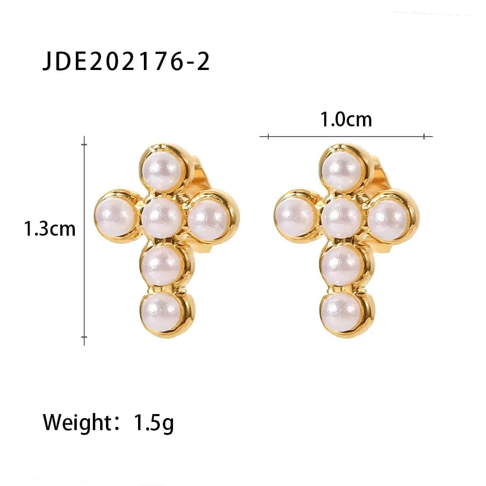 TRENDY / JDE202176-2 gorgeous 18K Gold Plated Pearl Insert Cross Shape Stainless Steel Stud Earrings For Ladies Wearing