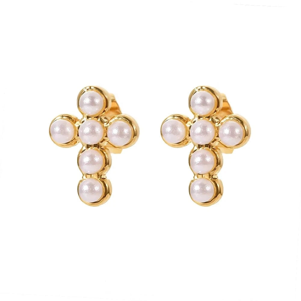TRENDY / JDE202176-2 gorgeous 18K Gold Plated Pearl Insert Cross Shape Stainless Steel Stud Earrings For Ladies Wearing