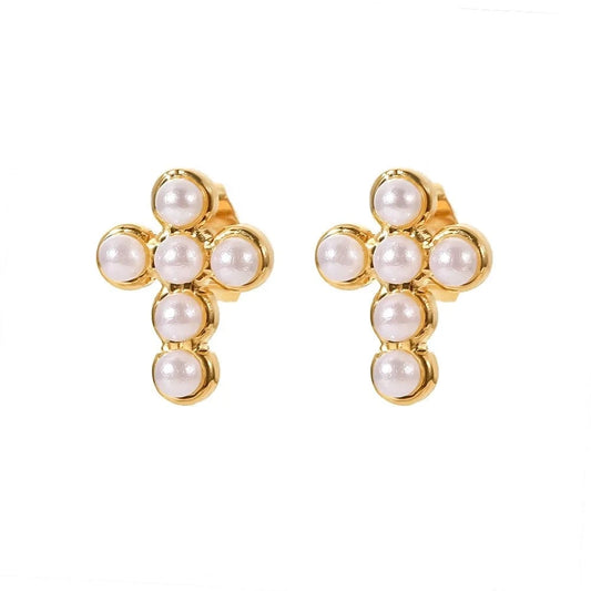 TRENDY / JDE202176-2 gorgeous 18K Gold Plated Pearl Insert Cross Shape Stainless Steel Stud Earrings For Ladies Wearing