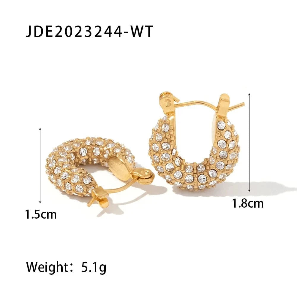 TRENDY / JDE2023244-WT Sparkle Micro Cubic Zircon Chunky Shiny 18k PVD Gold Plated Stainless Steel Hoop Earrings Huggie Jewelry