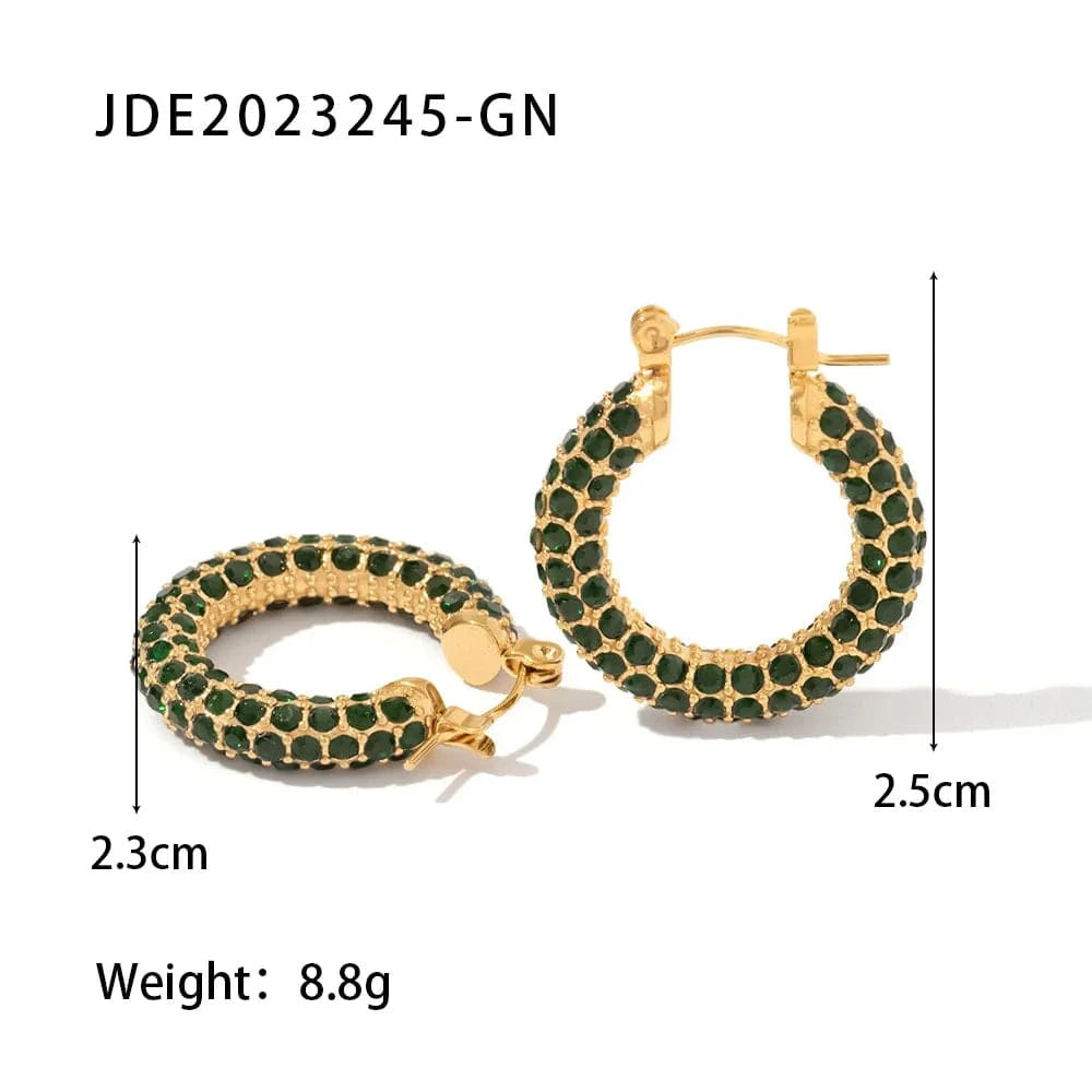 TRENDY / JDE2023245-GN Sparkle Micro Cubic Zircon Chunky Shiny 18k PVD Gold Plated Stainless Steel Hoop Earrings Huggie Jewelry
