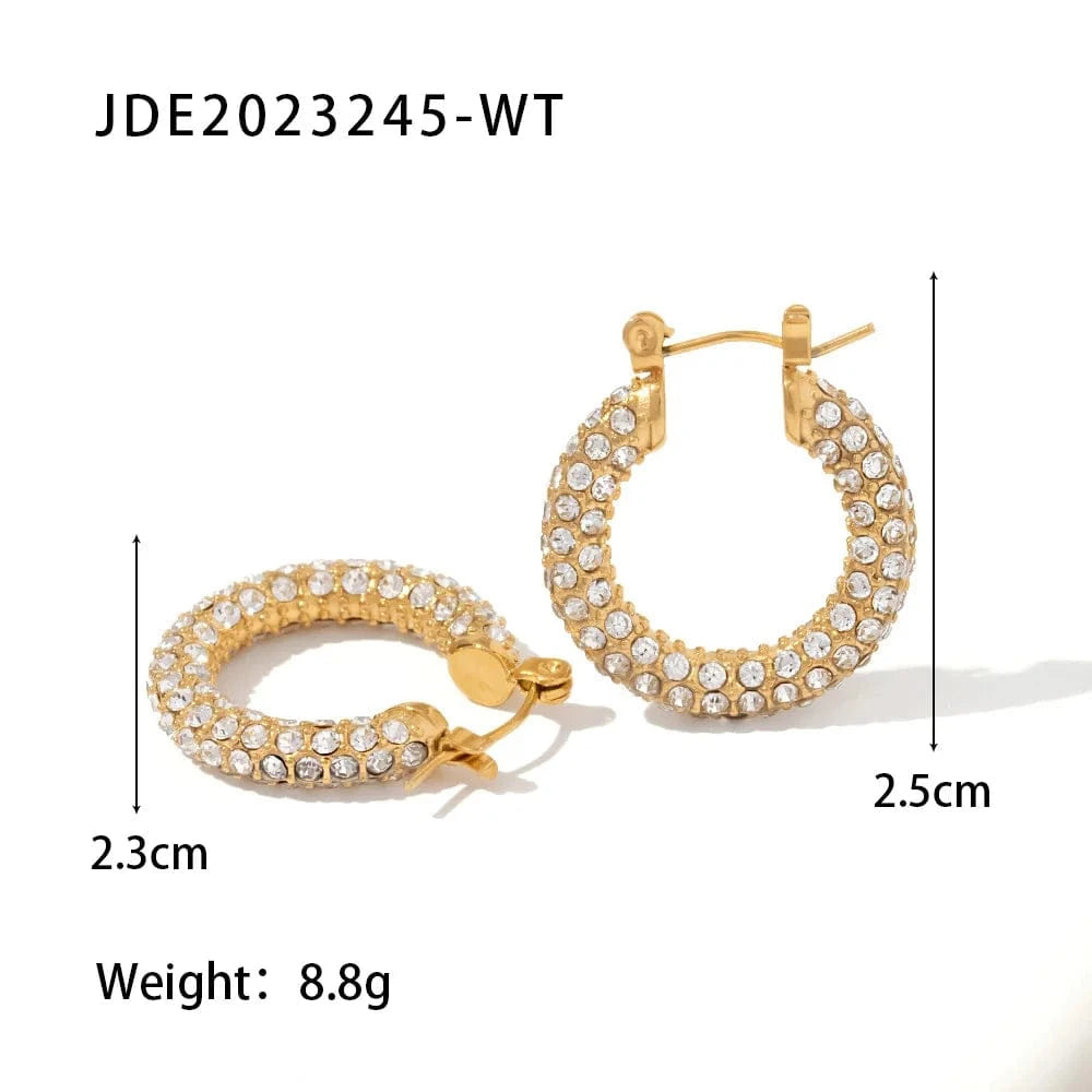 TRENDY / JDE2023245-WT Sparkle Micro Cubic Zircon Chunky Shiny 18k PVD Gold Plated Stainless Steel Hoop Earrings Huggie Jewelry