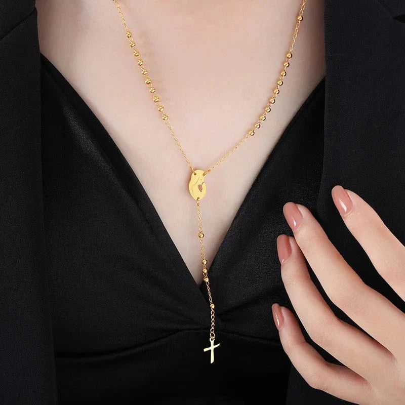 TRENDY / M040-Gold necklace-41+5cm Classic Religion Cross Charm Beaded Chain Necklace New Arrival Women Sweater Necklace Gold Plated Dropship Jewelry Suppliers
