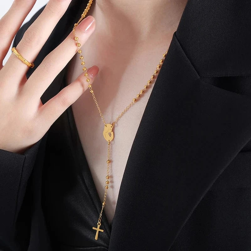 TRENDY / M040-Gold necklace-41+5cm Classic Religion Cross Charm Beaded Chain Necklace New Arrival Women Sweater Necklace Gold Plated Dropship Jewelry Suppliers