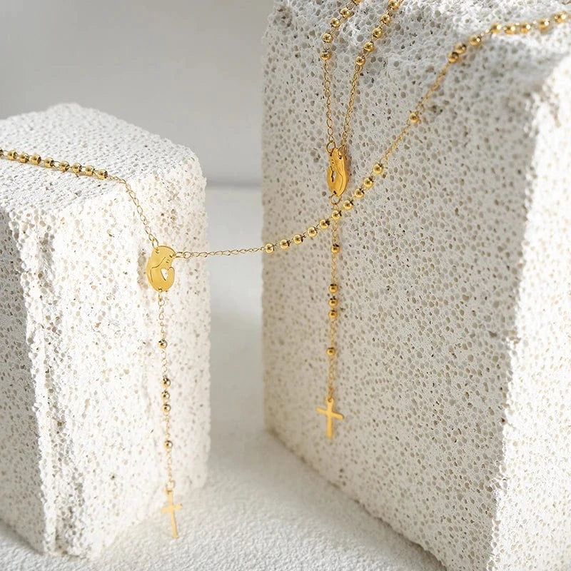 TRENDY / M040-Gold necklace-41+5cm Classic Religion Cross Charm Beaded Chain Necklace New Arrival Women Sweater Necklace Gold Plated Dropship Jewelry Suppliers