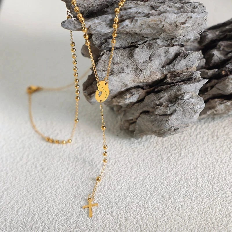 TRENDY / M040-Gold necklace-41+5cm Classic Religion Cross Charm Beaded Chain Necklace New Arrival Women Sweater Necklace Gold Plated Dropship Jewelry Suppliers