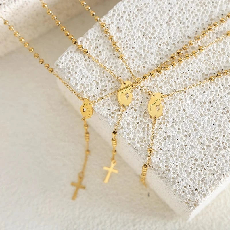 TRENDY / M040-Gold necklace-41+5cm Classic Religion Cross Charm Beaded Chain Necklace New Arrival Women Sweater Necklace Gold Plated Dropship Jewelry Suppliers