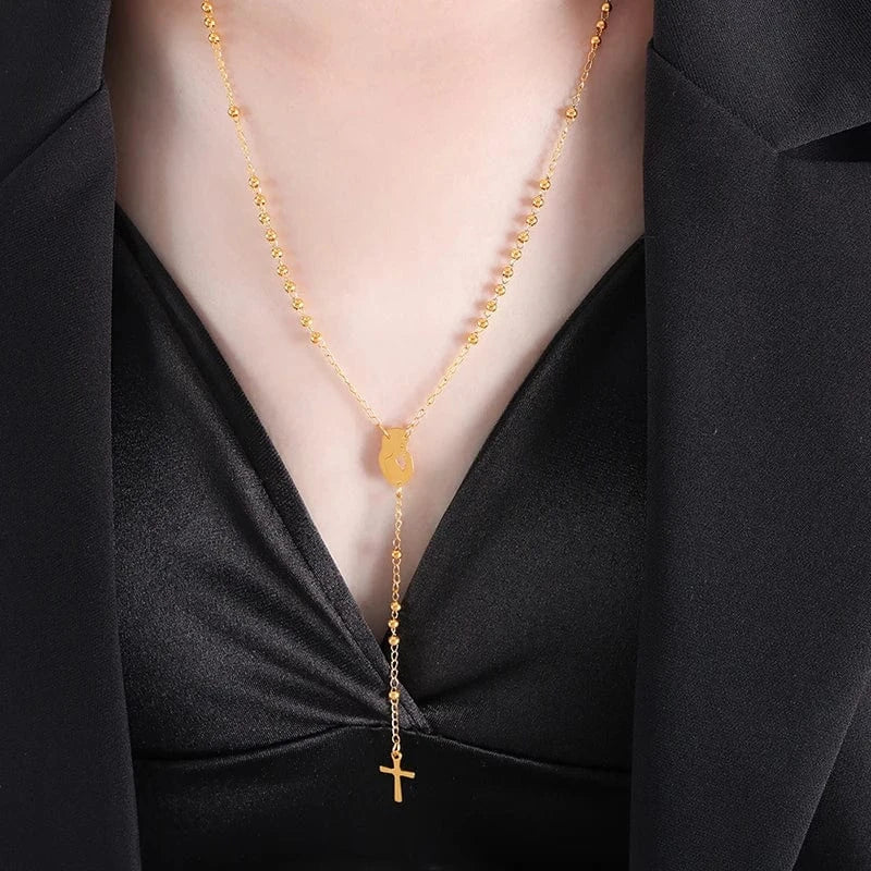 TRENDY / M040-Gold necklace-41+5cm Classic Religion Cross Charm Beaded Chain Necklace New Arrival Women Sweater Necklace Gold Plated Dropship Jewelry Suppliers