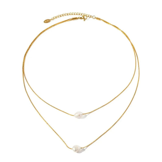 Trendy / N2226 N2226 Elegant 18k Gold Plated Double Layered  Freshwater Pearl  Stainless Steel Pendant Necklace for Women