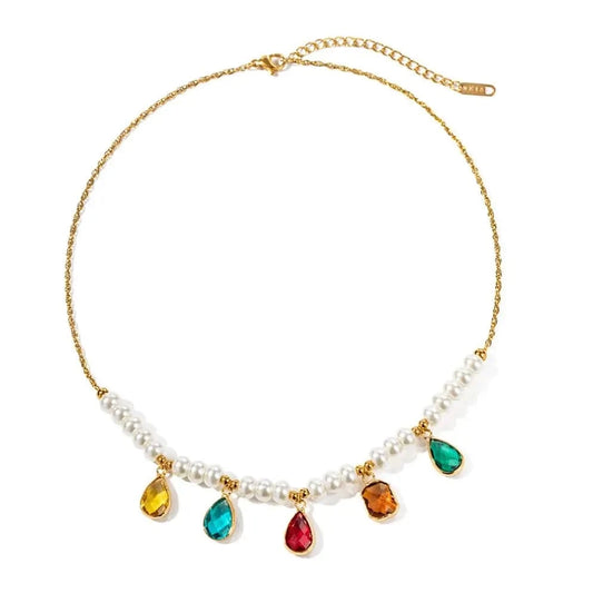 trendy / N2246 N2246 Ins Bohemian 18K Gold Plated Pearl Colorful Zirconia Beaded Tasells Pendant Necklace for Women