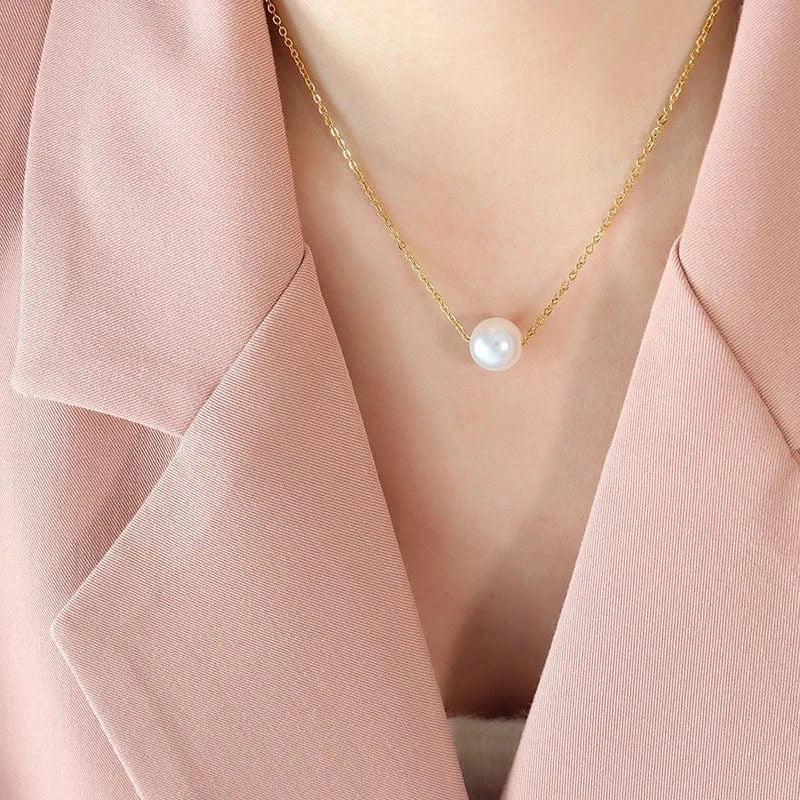 TRENDY / P126- Gold necklace Free sample imitation pearl pendant cross chain necklace collarbone chain stainless steel jewelry