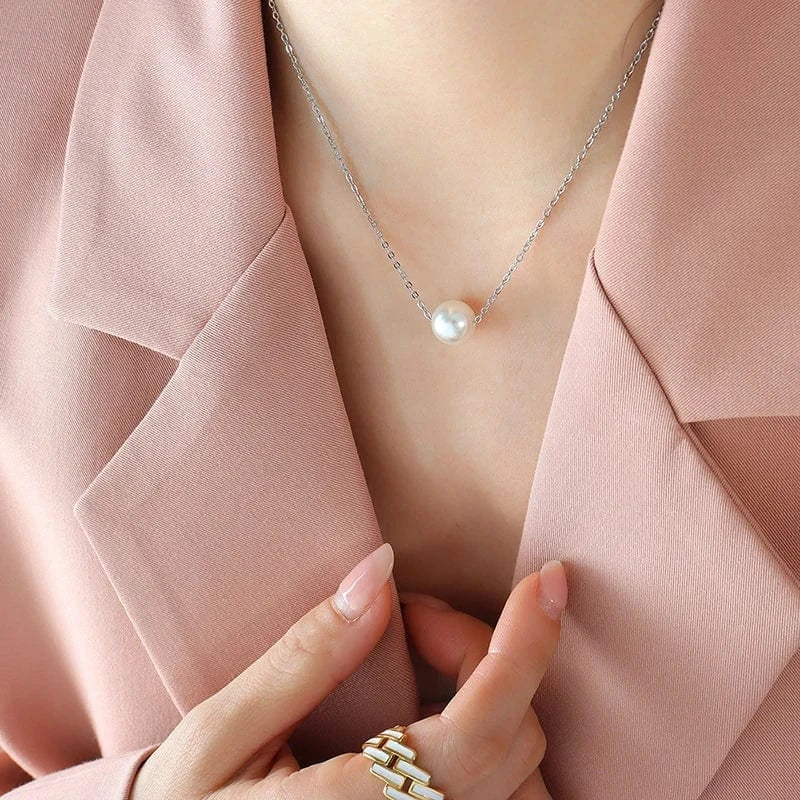 TRENDY / P126- Silver necklace Free sample imitation pearl pendant cross chain necklace collarbone chain stainless steel jewelry