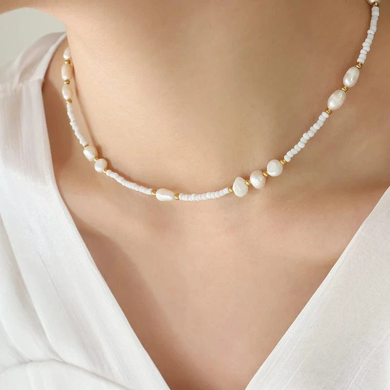 TRENDY / P1261- freshwater pearl necklace -38+5cm Freshwater Natural Pearl Necklace Design Necklace Stainless Steel Colorfast Jewelry