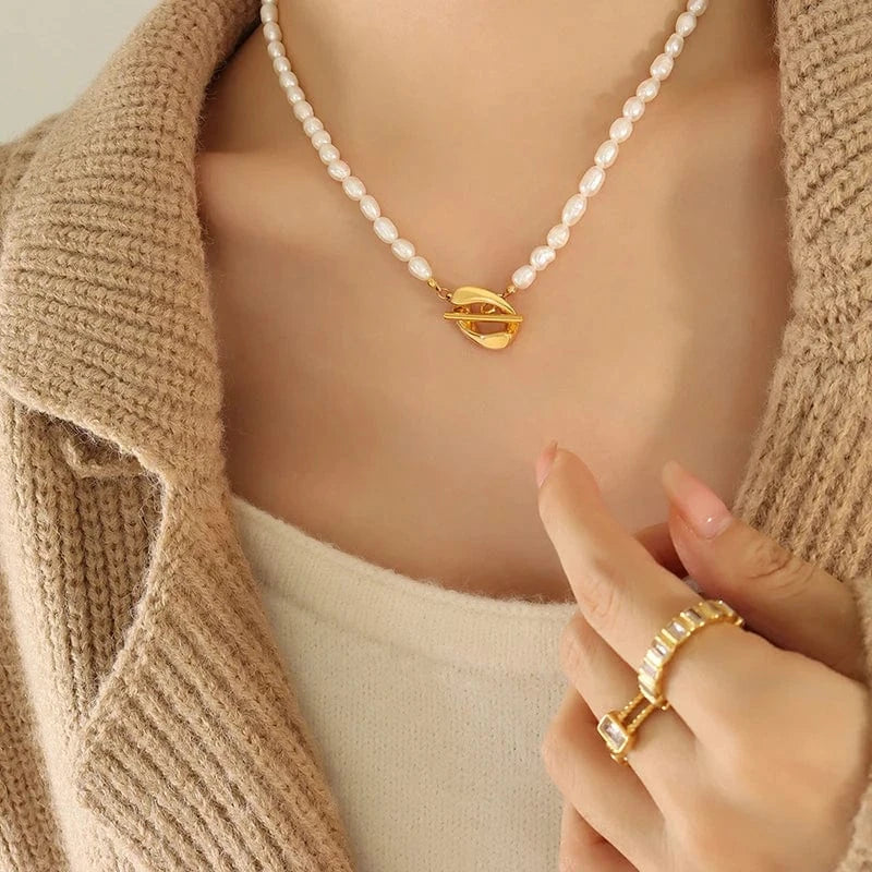 TRENDY / P1318- Gold necklace -40cm French OT Chain Necklace Freshwater Pearl Pendant Chain Necklace Hip Hop Stainless Steel Jewelry