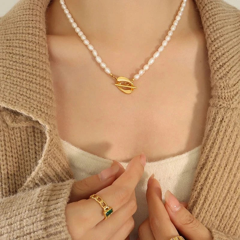 TRENDY / P1318- Gold necklace -40cm French OT Chain Necklace Freshwater Pearl Pendant Chain Necklace Hip Hop Stainless Steel Jewelry